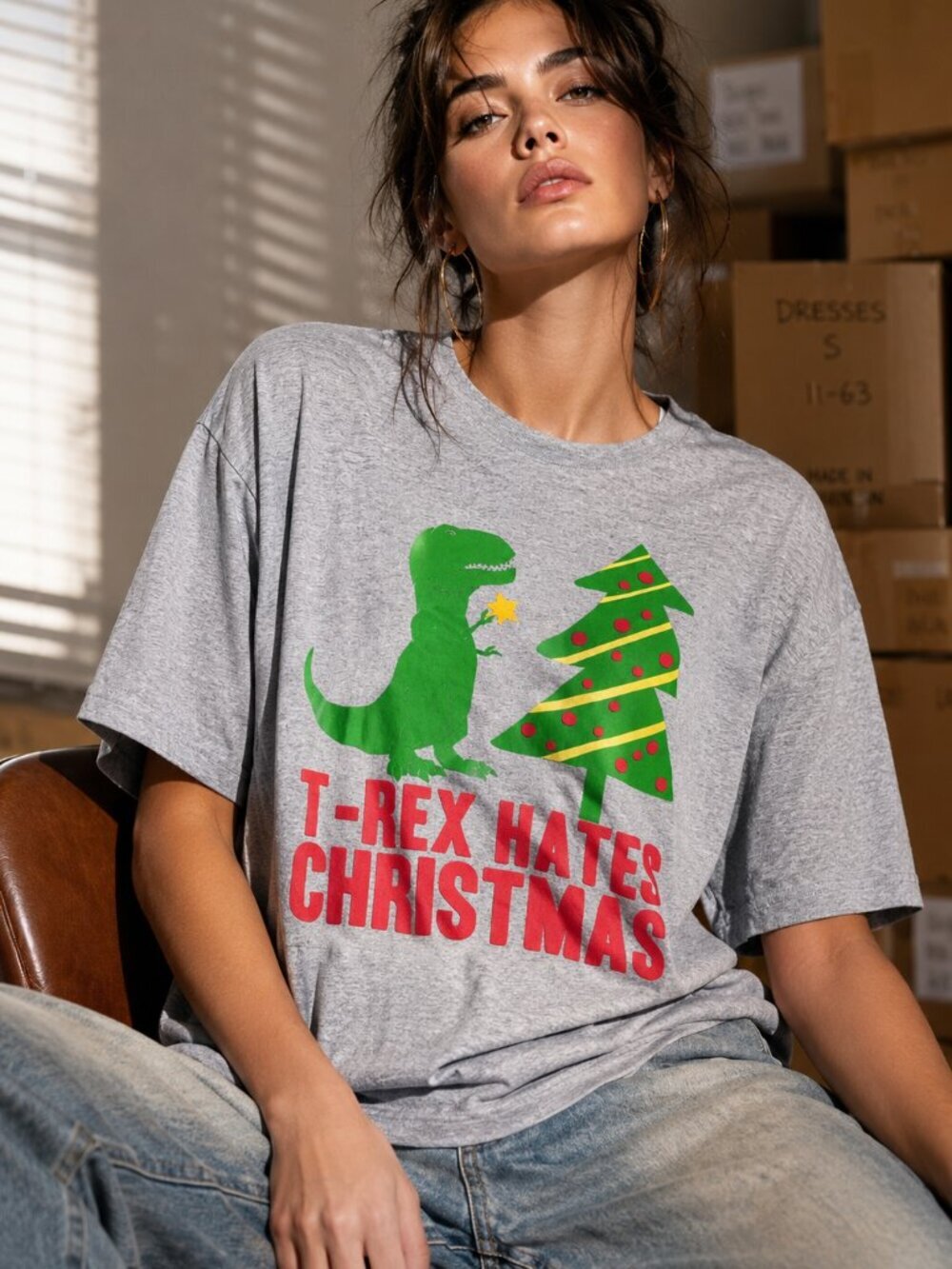 Delta Pro Weight T-Rex Hates Christmas Graphic Tee Gray Adult Large Holiday